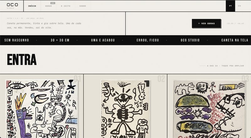 Página inicial do site do OCO Studio, galeria de obras autorais em tela